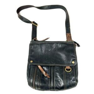 Vintage Fossil Women’s Large Crossbody Messenger Bag Leather Solid Black #3806